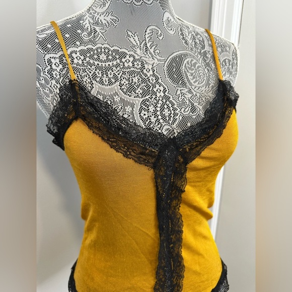 Zara Knit Mustard Yellow Black Lace Camisole Top. Small. Soft. Stretchy. Sexy. - Picture 1 of 11